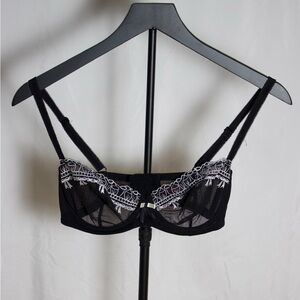 Ascension Black Sheer Mesh Lace Bra White Floral Embroidered Plunge 34C Y2K Goth